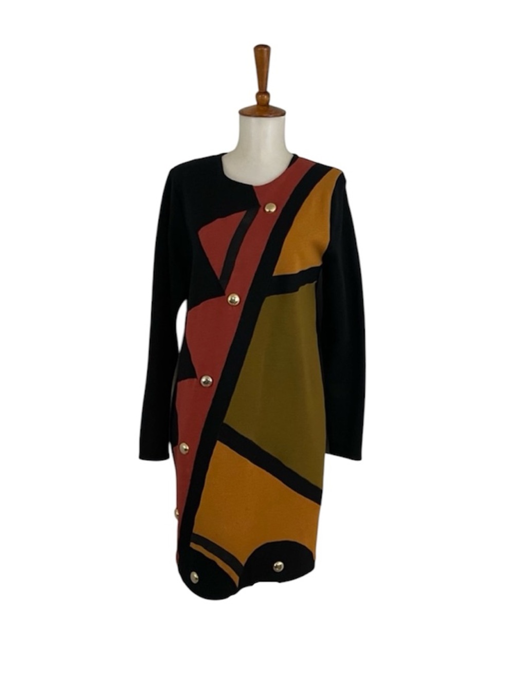 St. John Black Dress with Rust, Mustard, and Olive Geometric Panels